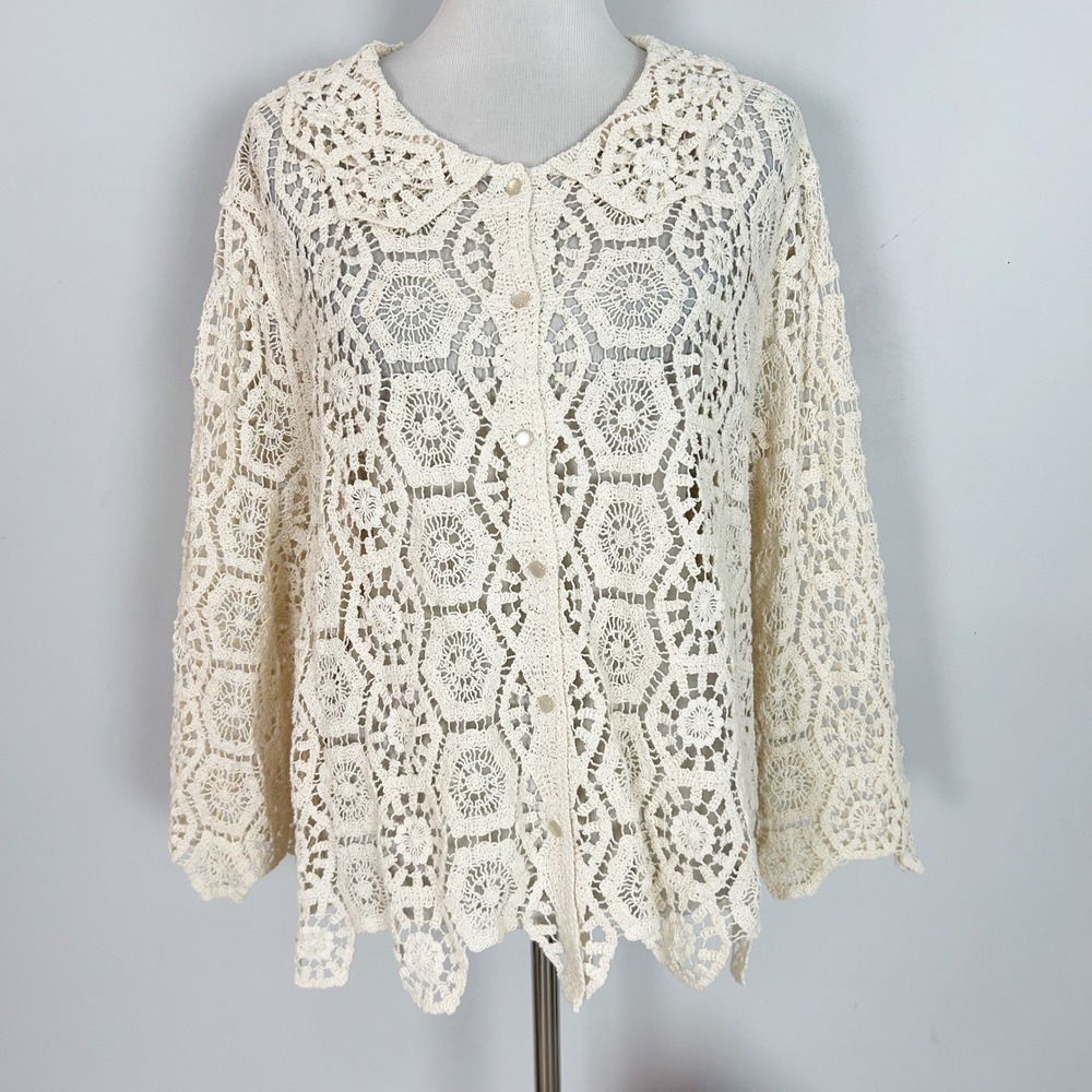 Women's Cream Crochet Lace Button Down Sheer Size 26/28 Women's